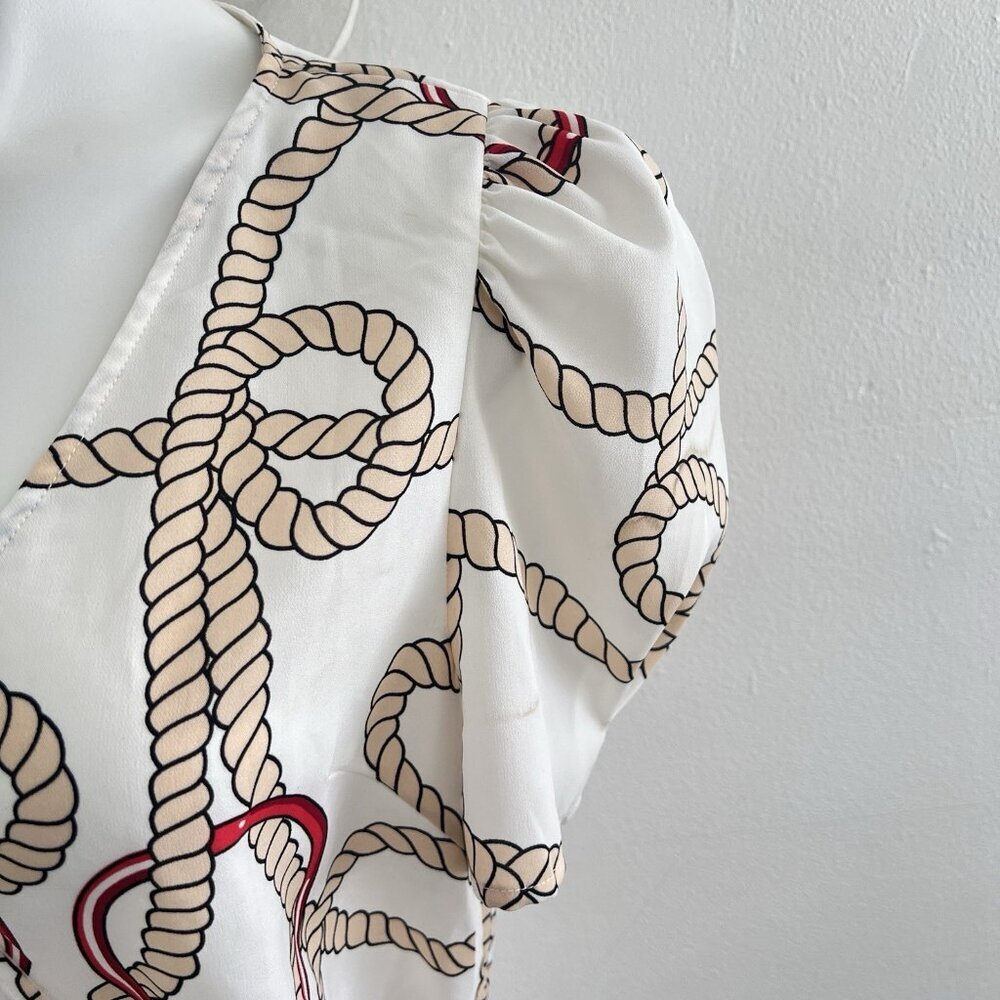 NEW Mariner Wrap Blouse Top Puff Sleeves Rope Print nautical Coastal Beach - Picture 9 of 13
